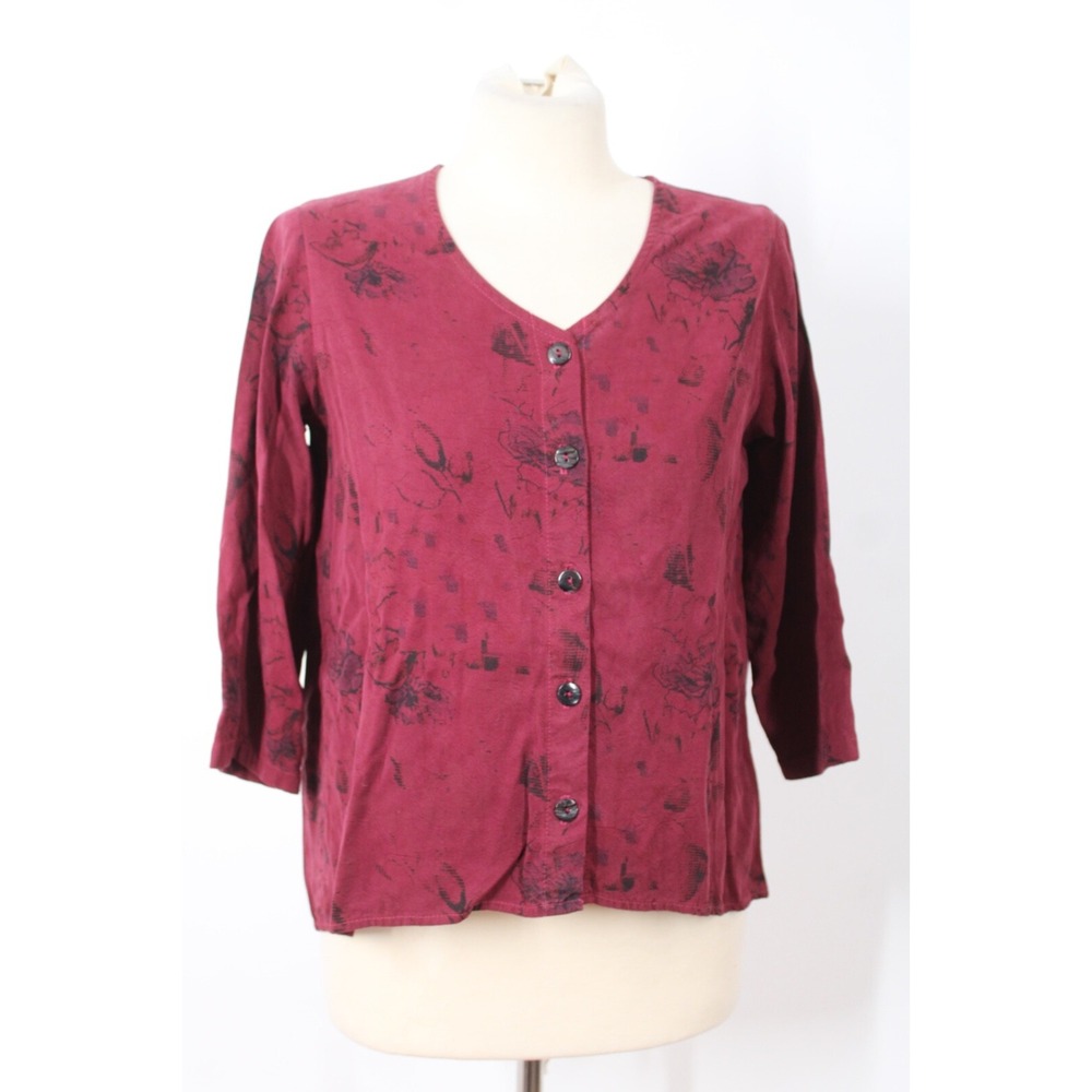 CMC Color Me Cotton XS Red Black Floral Button-Front Top